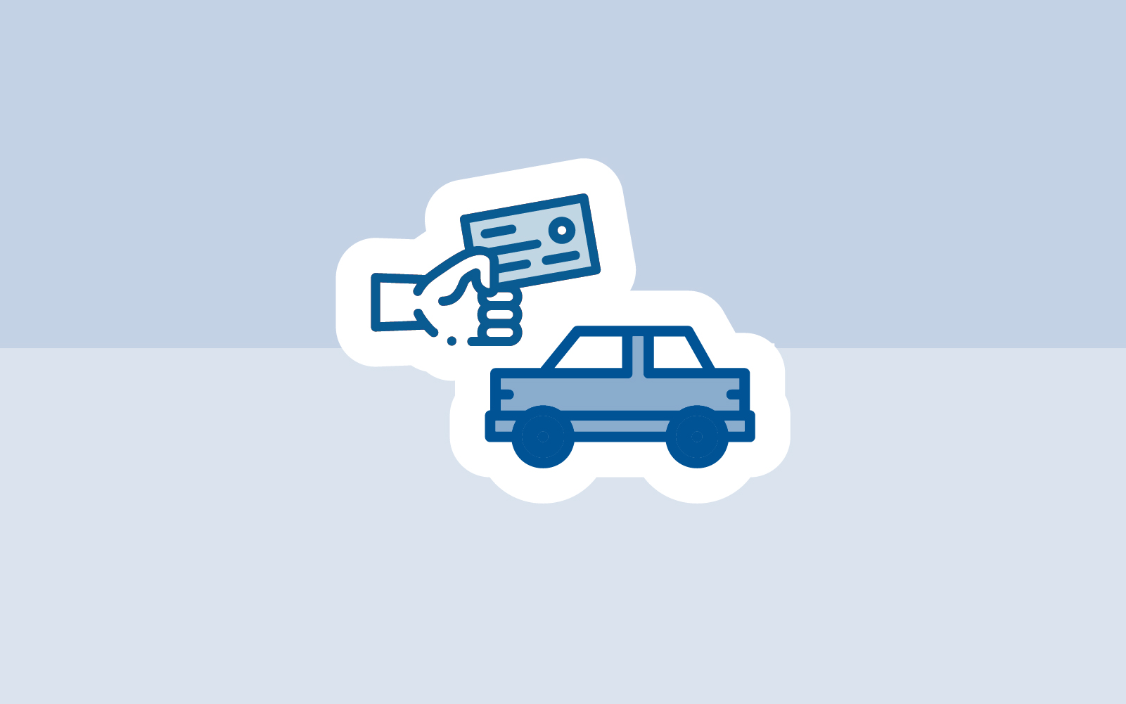 Icon auf zweifarbigem graublauem Hintergrund: Hand mit einer Scheckkarte und Auto