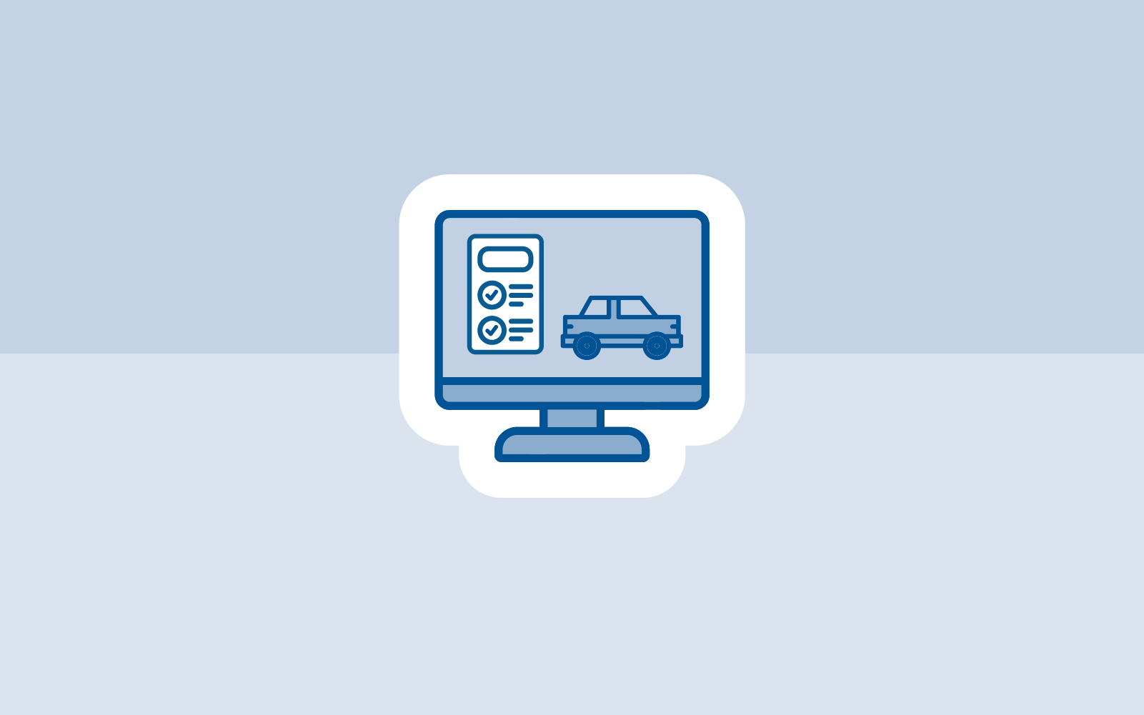 Icon auf zweifarbigem graublauem Hintergrund: Bildschirm mit Auto drauf