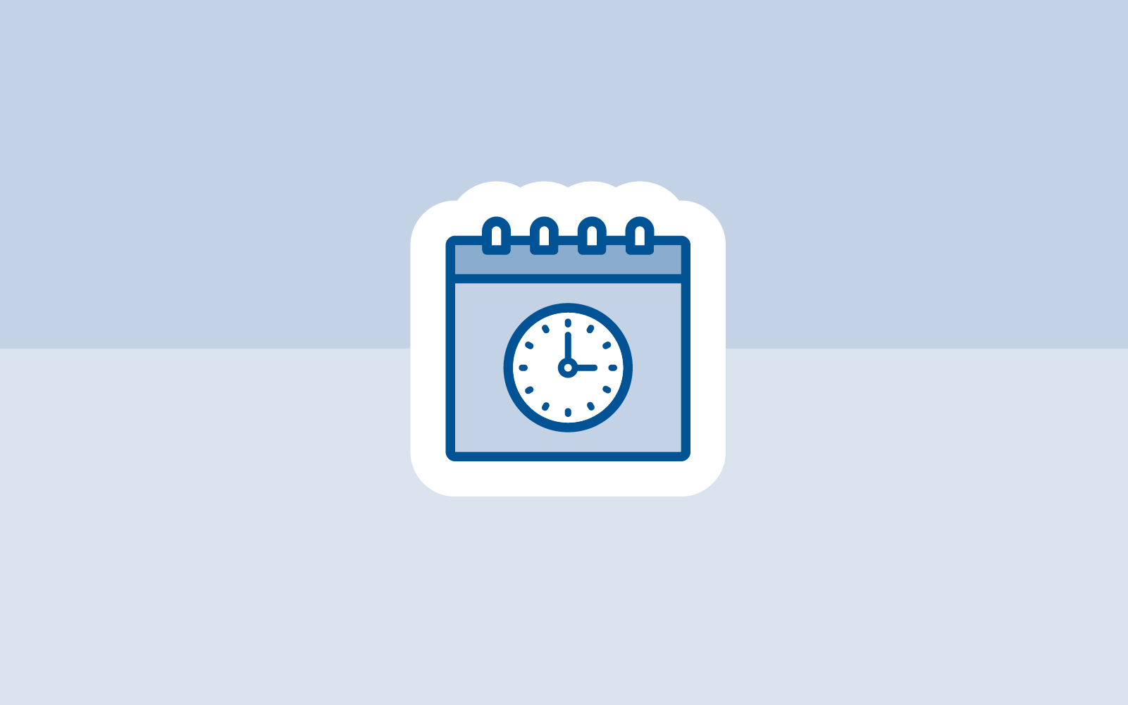 Icon auf zweifarbigem graublauem Hintergrund: Kalenderblatt mit Uhr