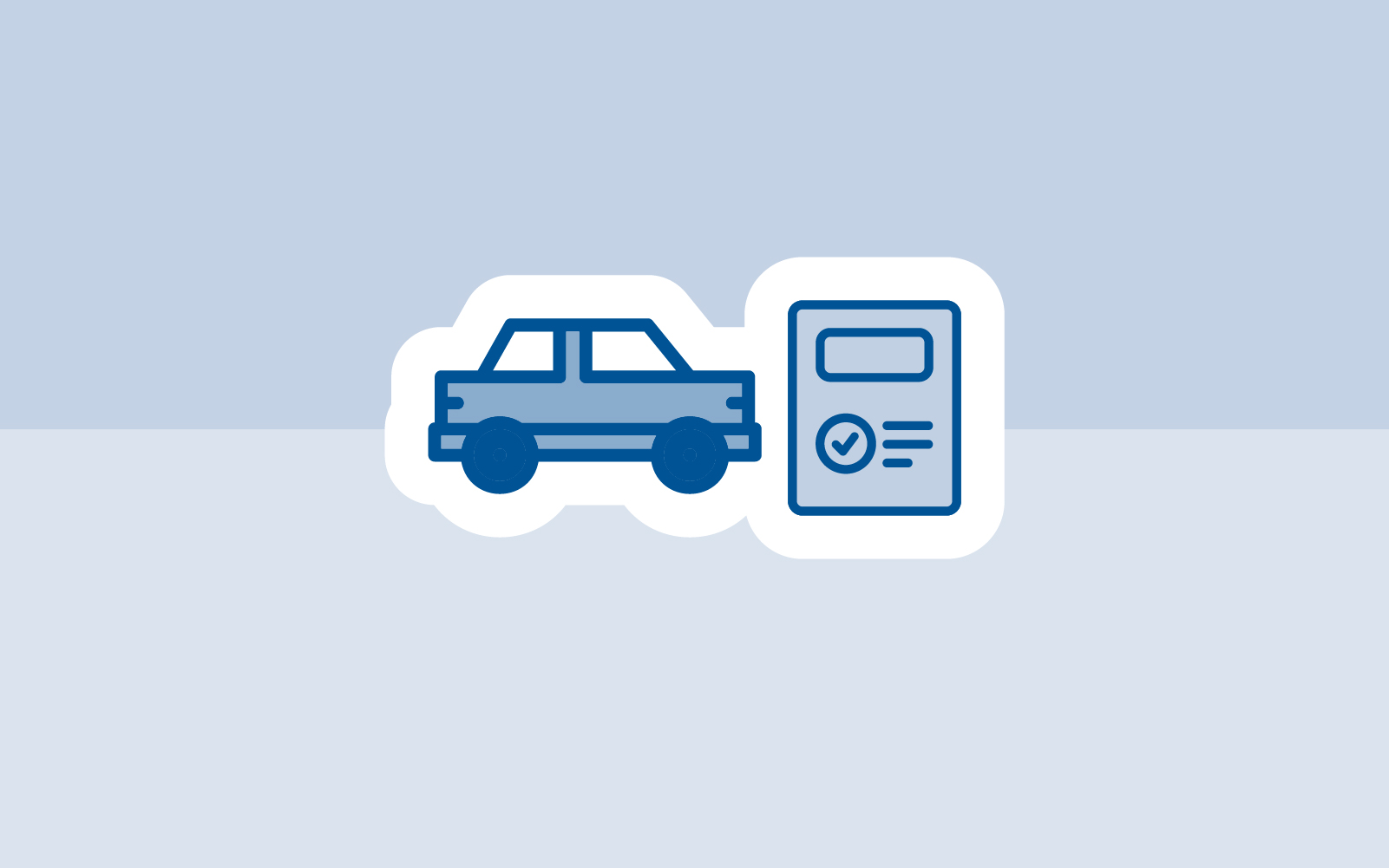 Icon auf zweifarbigem graublauem Hintergrund: Auto mit Dokument