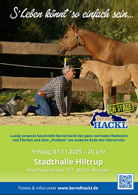Plakat des Programms: Auf dem Foto, das Teil des Plakats ist, kniet Barnd Hackl auf allen vieren vor einem Pony und einem Pferd.