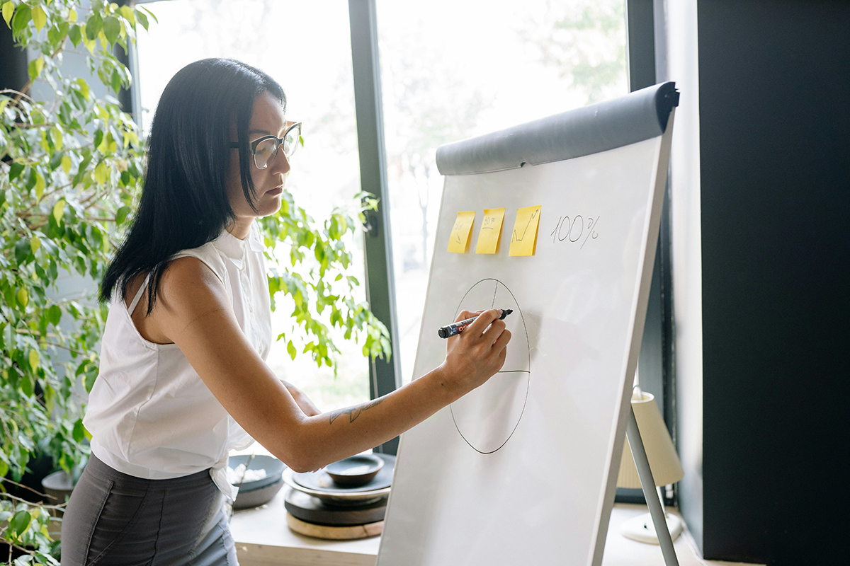 Frau mit Stift am Flipchart