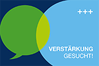 Verstärkung gesucht! Schriftzug 'Verstärkung gesucht!' auf hellblauem Kreis