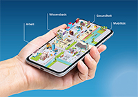 Hand hält ein Handy Logo Stadt Land DatenFluss