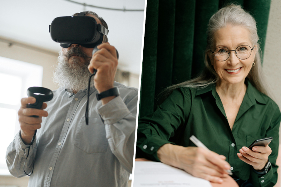Zusehen sind zwei Personen. Ein älterer Mann mit VR-Brille und eine ältere Frau mit einem Smartphone in der Hand.