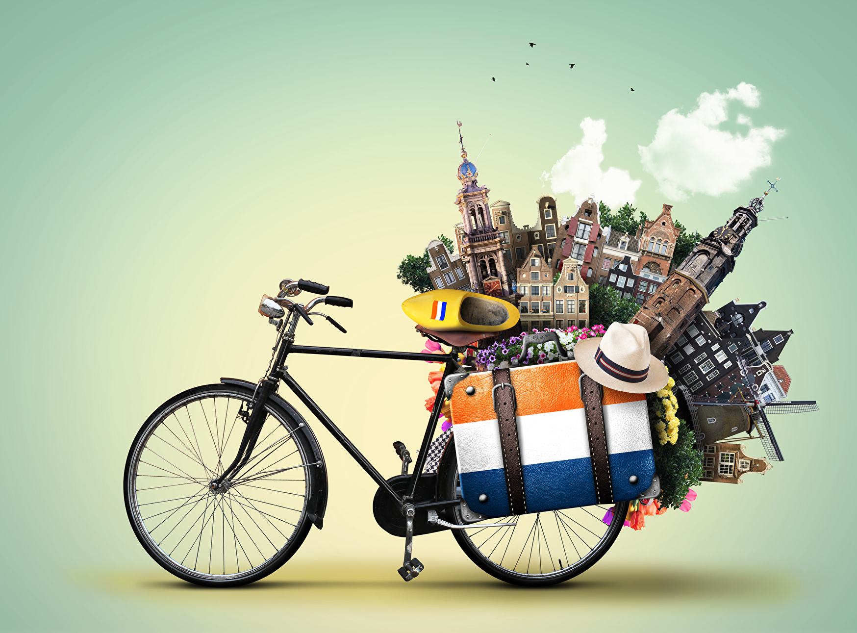 Fahrrad mit einer Radttasche in den niederländischen Farben&Häuser