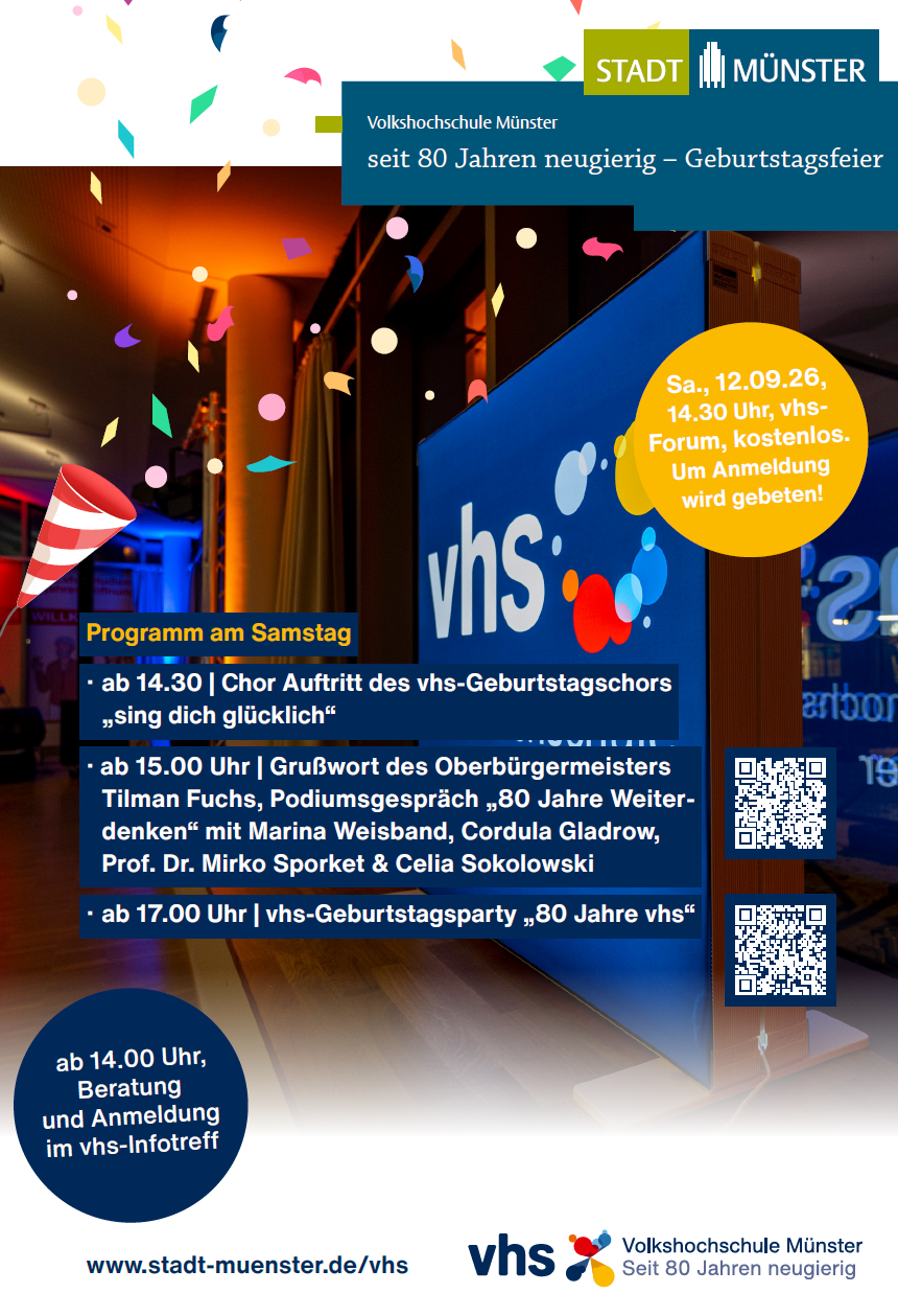 Plakat mit Schrift und Lichtreklame vhs Münster