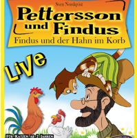 Veranstaltungsplaket mit Petterson, Findus und einem Hahn