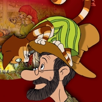 Illustration von Pettersson mit Findus auf dem Hut