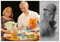 Foto der beiden Vortragenden sowie eine Zeichnung, die Karl Valentin zeigt.