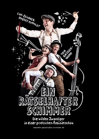 Abbildung von vier Personen vor schwarzem Hintergrund. Auf den Hintergrund sind in Weiß Instrumente gemalt.