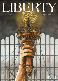 Cover des Buchs „Liberty“: Aquarell-Zeichnung der Hand der Freiheitsstatue, die eine Fackel hält