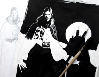 Foto für das Projekt. Zeichnung eines Vampirs vor einer Burg.