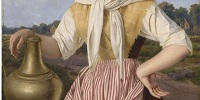 Ausschnitt aus Adolf Schmidts 'Das Milchmädchen' - zu sehen ist der Oberkörper einer Frau in einem sehr taillierten Kleid.