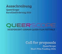 Ausschreibungsplakat mit Logo von Queerscope auf blauem Hintergrund