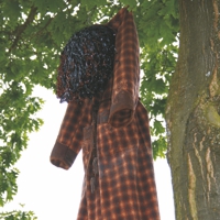 Karierter Mantel mit schwarzer Perücke hängt in einem Baum