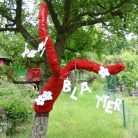 Mit roter Wolle umwickelter Ast mit Kleiderbügeln, der an einem Baum fixiert ist