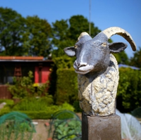 Skulptur eines Ziegenkopfes