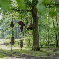 Stahlwoll-Knäuel an einem großen Baum