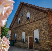 Altes Haus, in dessen blinden Fenstern Bilder mit menschlichen Silhouetten mit Handy vor einem schematischen Panorama montiert sind