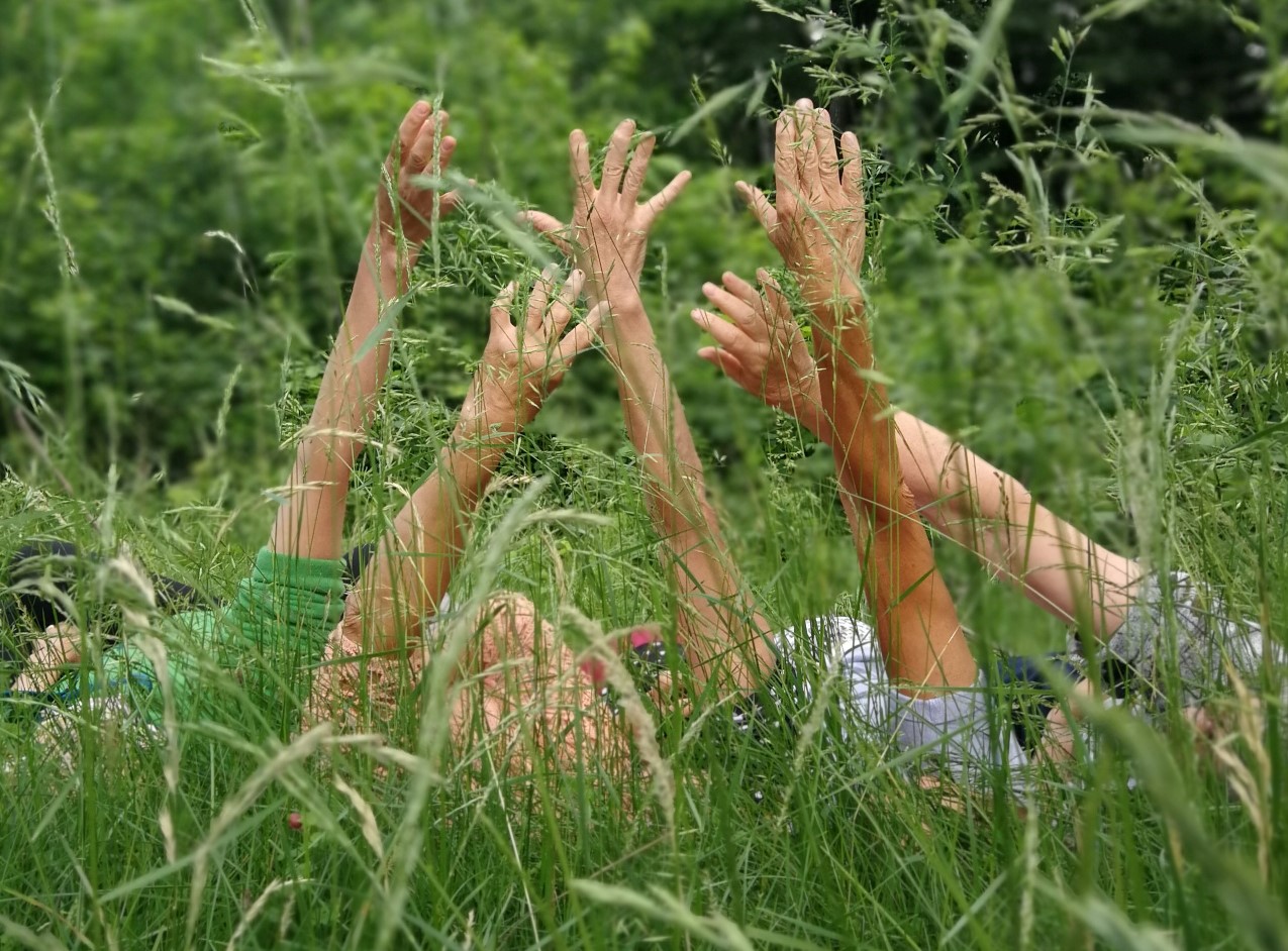 In einer Wiese mit hohem Gras liegen versteckt vier Frauen. Sie strecken ihre Arme zwischen dem Gras in die Luft.