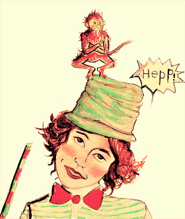Eine Illustration zeigt eine Frau mit Hut, auf dem ein Äffchen sitzt.