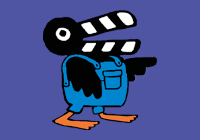 Logo des 41. KinderFilmFestes; Ein illustrierter Rabe, dessen Schnabel Filmklappen sind, steht vor blauem Hintergrund.