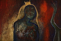 Das Bild in dunklen Farben zeigt den Umriss eines menschen mit angedeuteten hellen Haaren und einer goldenen Krone.