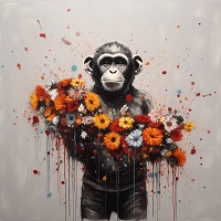 Eine Zeichnung von Banksy an einer Wand. Ein Affe hält einen bunten Blumenstrauß vor der Brust. Rings um ihn herum sind Farbklekse an der Wand.