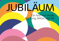 Illustration zur Produktion (Theater Münster) Illustration: Bunte Kreise übereinander, darüber der Schriftzug 'JUBILÄUM'.