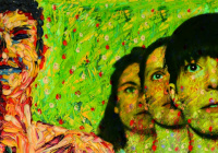 Die drei Darstellerinnen "von weg.zueinander.warte" montiert in ein Gemälde von Aorta Besler.