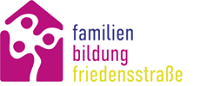 Signet des Hauses FamilienBildung Friedensstrasse e. V.: ein abstraktes Haus mit Schriftzug an der rechten Seite
