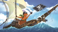 Ein Einzelbild aus dem Zeichentrickfilm. Es zeigt eine Kuh in einem Piratenschiff.