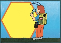 Eine Illustration, auf der ein Mädchen mit Insektenfühler zu sehen ist, das vor einer gelben Wand in Wabenform steht. In der Hand hält es ein Vergrößerungsglas.