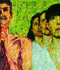 Die drei Performerinnen sind im Portait in ein Gemälde von Aorta Besler montiert.