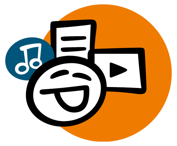 Logo Bibliokids: Smiley, Musiknoten, Papier und "Play"-Zeichen