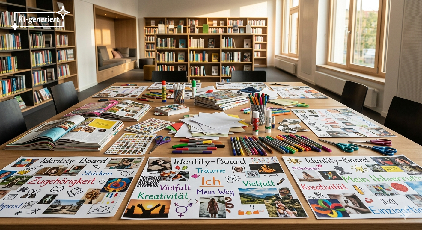 Ein Tisch mit vielen Plakaten aus Bildern und Texten gestaltet