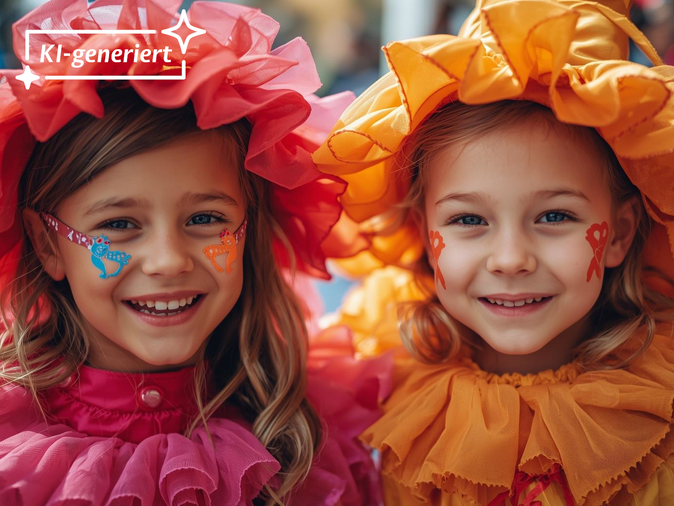 Zwei Mädchen in Karnevalskostümen lächeln in die Kamera.
