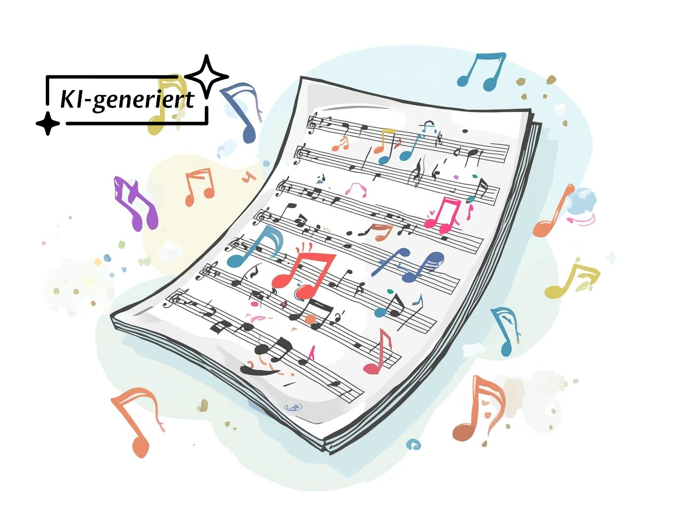 Notenblatt und umherfliegende Noten.