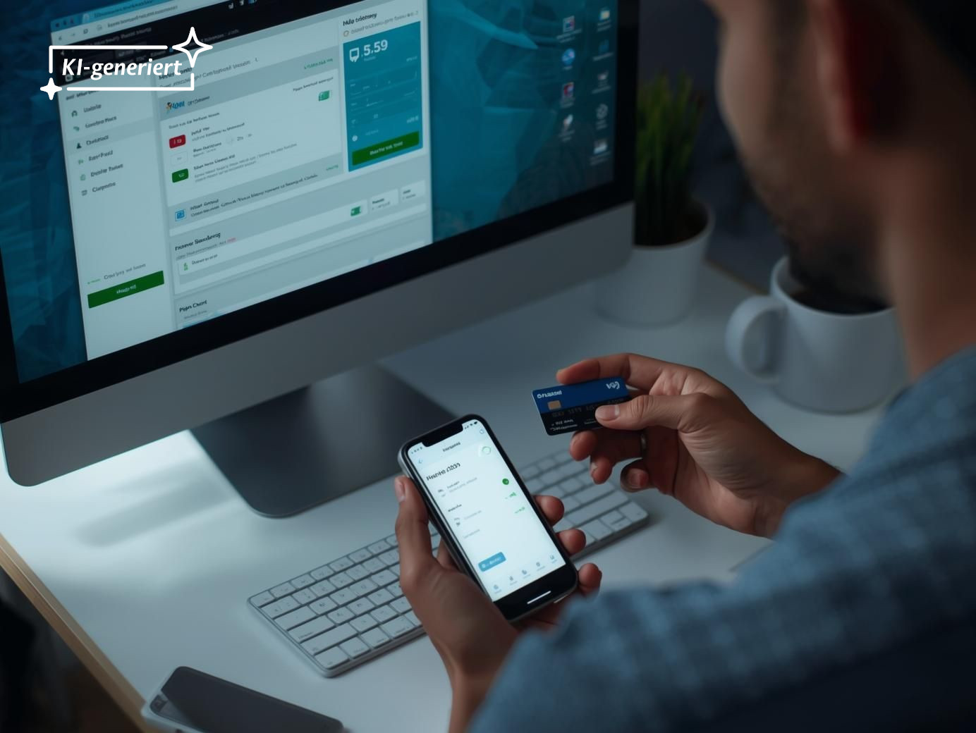Ein Mann sitzt mit Smartphone und Bankkarte vor seinem PC.