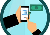 Online Banking Illustration: eine Hand hält ein Smartphone, die andere zeigt mit dem Finger auf den Bildschirm.