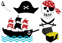 Ein Piratenschiff mit Schwertern, Piratenhut, Totelschädel und Schatzkiste.