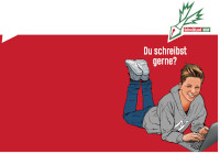 Die Schreibwerkstatt NRW Das Logo der Schreibwerkstatt NRW und ein am Laptop schreibender Junge.