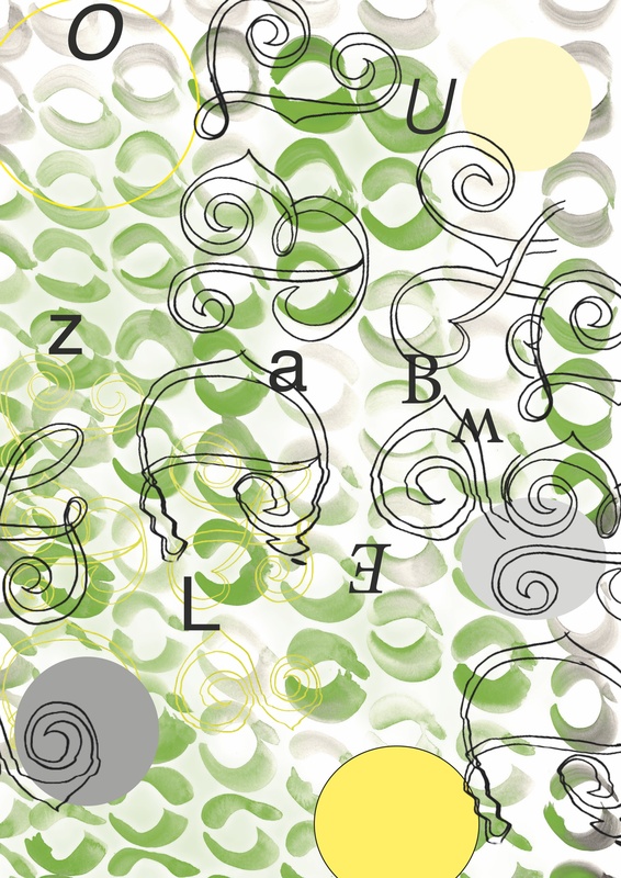 Grafik mit bunten Formen und Buchstaben