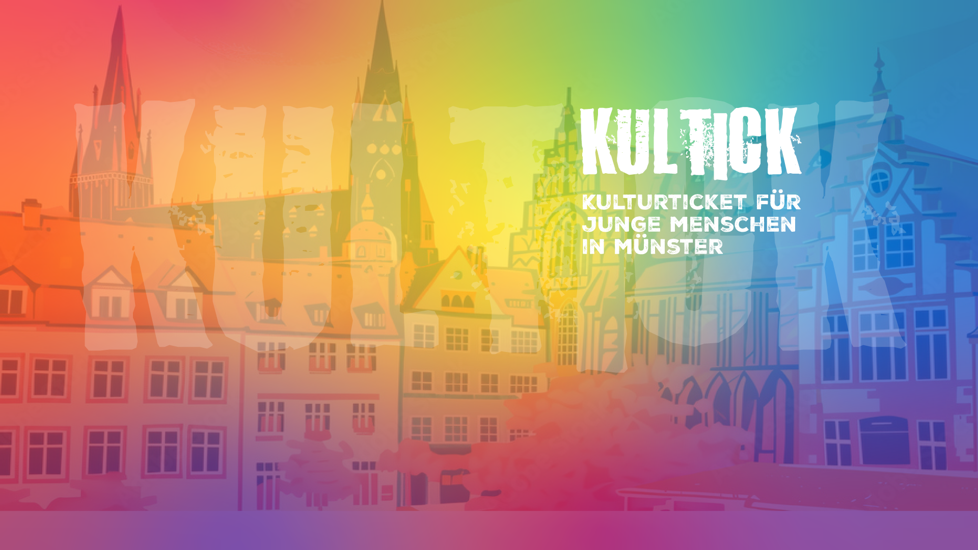 Stadtansicht mit Regenbogenfarbenem Hintergrund und Kulticklogo