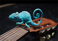 Ein blaues Chamäleon aus Stoff sitzt auf dem Griffbrett einer Gitarre.
