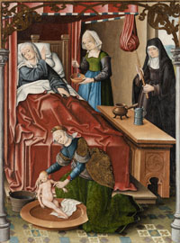 Bild von der Geburt Mariens. Man sieht die Mutter im Wochenbett und zwei Hebammen, die sich um Mutter und Kind kümmern. Neben dem Bett sieht amn eine Stifterin - eine Benediktinierin - mit Kerze im klassichen Schwarzen Gewand.