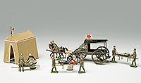 Altes Kriegsspielzeug um 1914. Es handelt sich um ein Sanitätskommando mit kleiner Kutsche, einem Zelt und Krankenschwestern und Soldaten