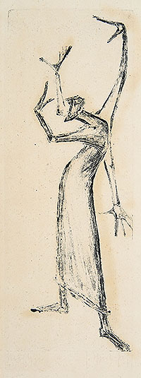 Graphik eines vierarmigen Mannes mit dem Titel „Der Mahner“aus dem Jahr 1962 von Hilde Schürk-Frisch