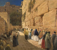 Auf einem Leinwandgemälde sieht man mehrere Menschen vor der Klagemauer, rechts im Bild, betend stehen.